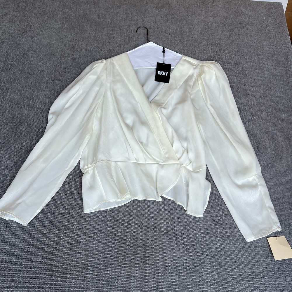 DKNY Peplum Top Womens M Ivory Long Sleeve Wrap V-Neck Puff Shoulder Minimalist